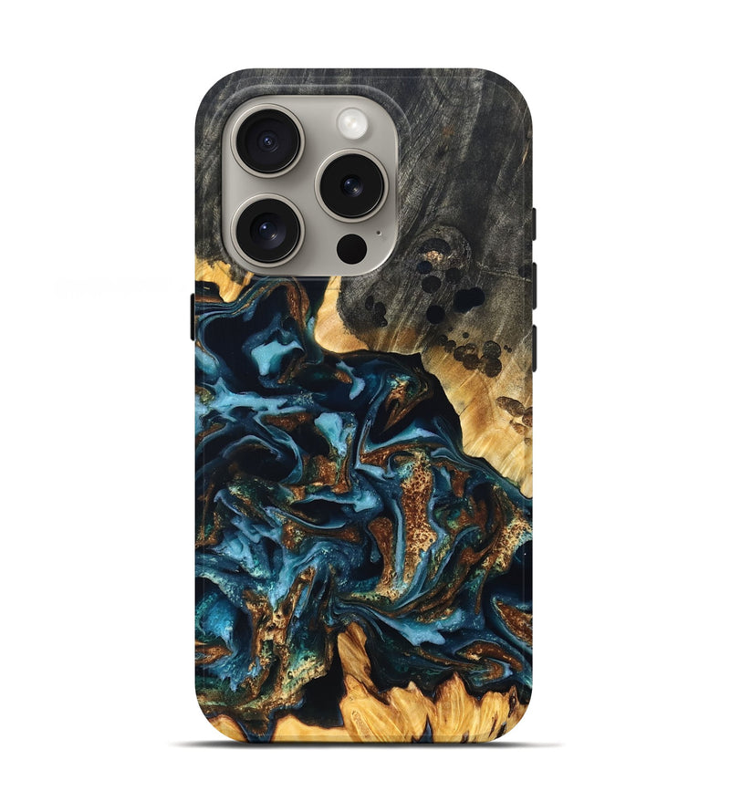 iPhone 16 Pro Wood Live Edge Phone Case - Jessi (Teal & Gold, 822876)