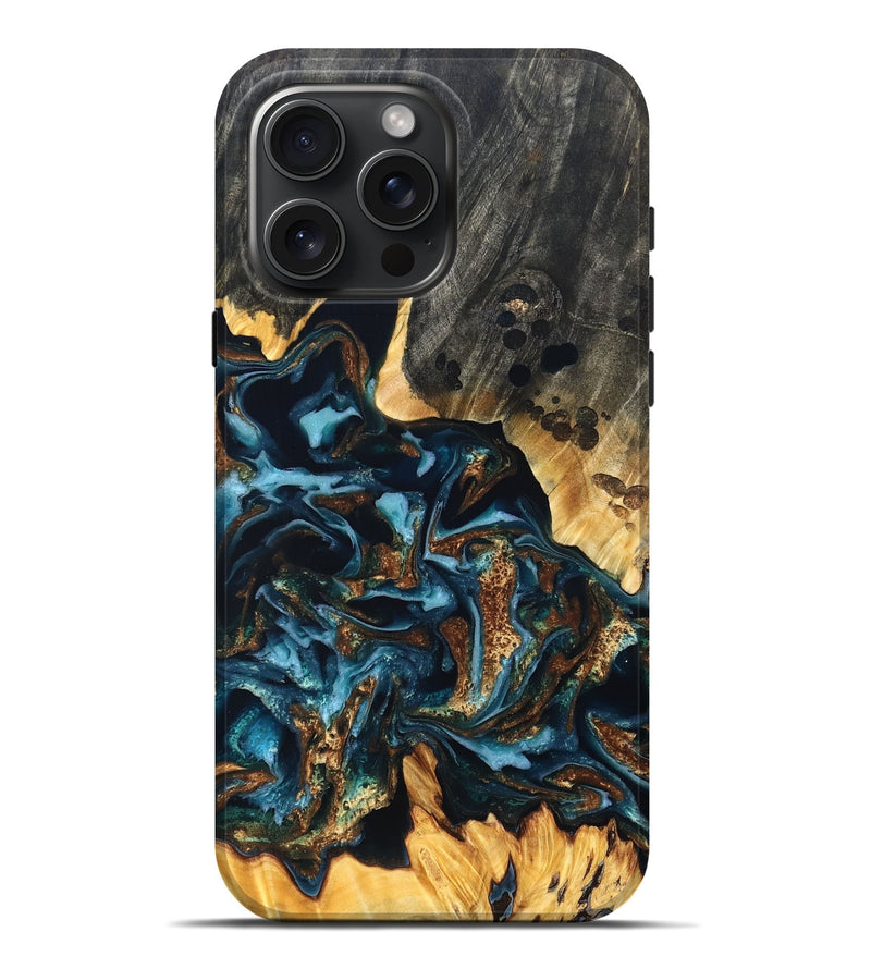 iPhone 16 Pro Max Wood Live Edge Phone Case - Jessi (Teal & Gold, 822876)
