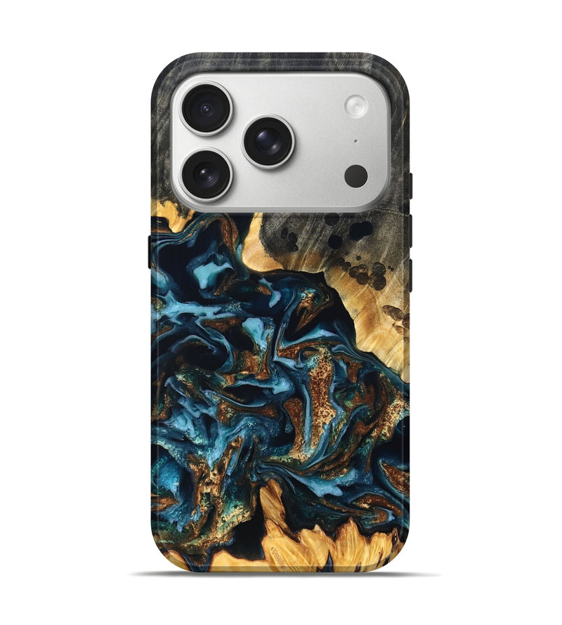 iPhone 17 Pro Wood Live Edge Phone Case - Jessi (Teal & Gold, 822876)