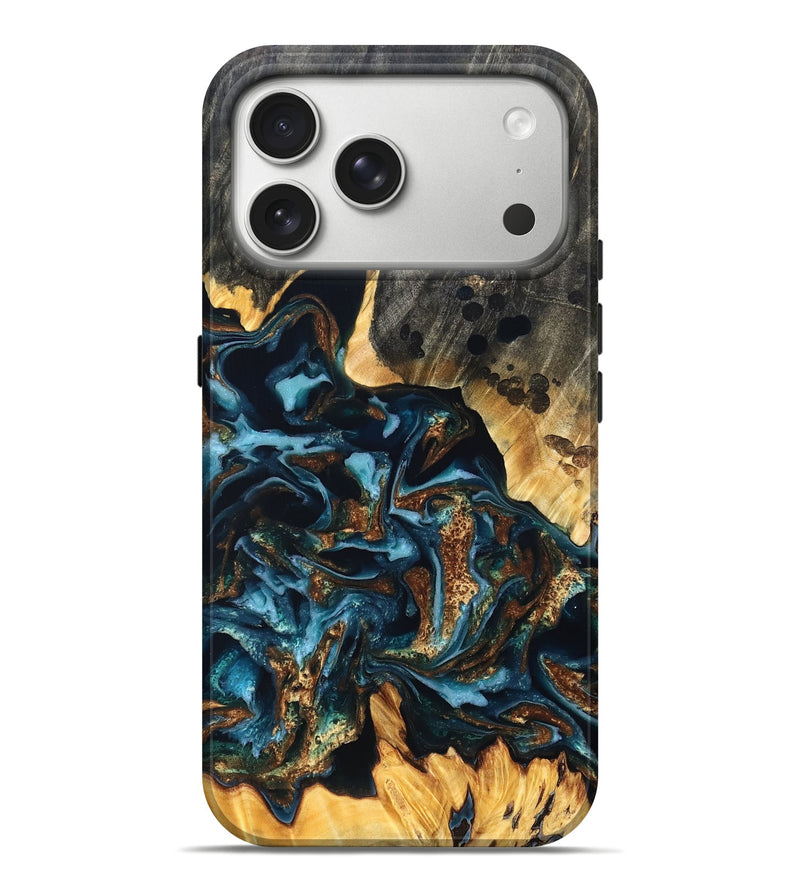iPhone 17 Pro Max Wood Live Edge Phone Case - Jessi (Teal & Gold, 822876)