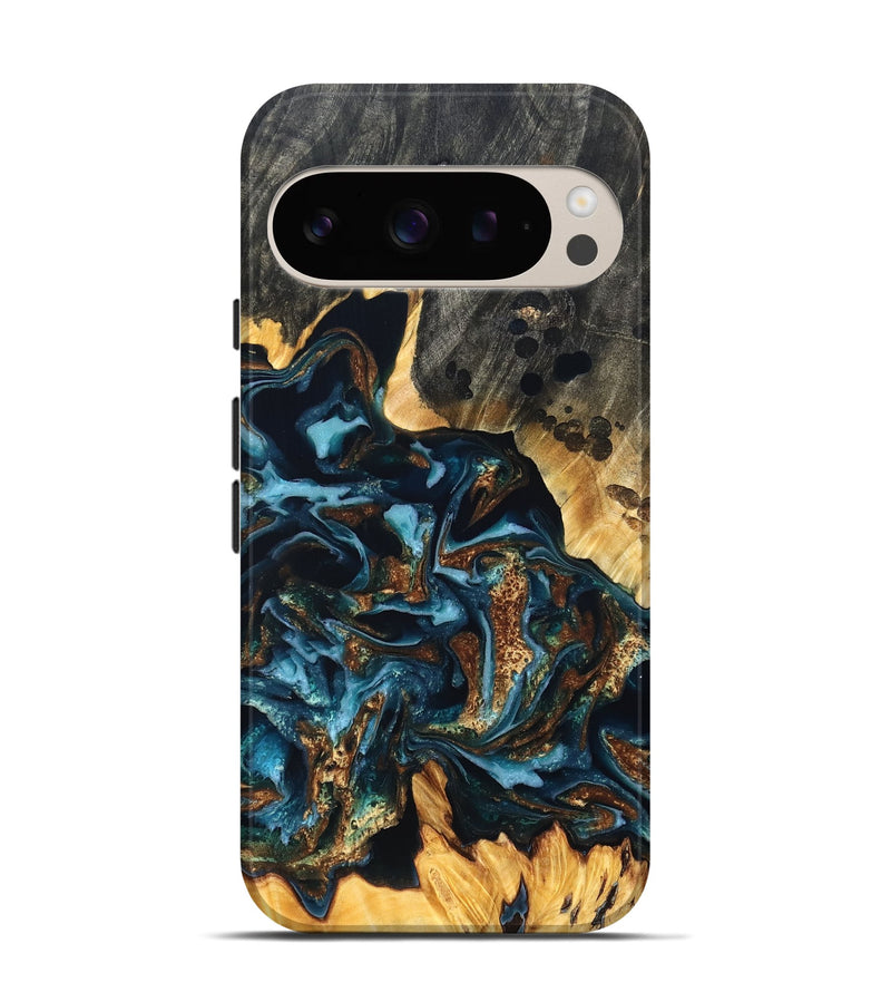 Pixel 9 Pro Wood Live Edge Phone Case - Jessi (Teal & Gold, 822876)