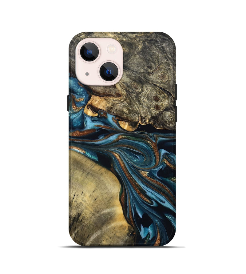 iPhone 13 mini Wood Live Edge Phone Case - Julissa (Teal & Gold, 822880)