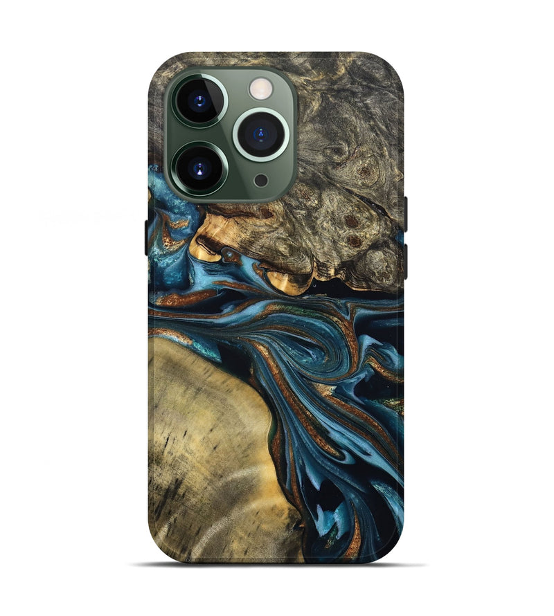 iPhone 13 Pro Wood Live Edge Phone Case - Julissa (Teal & Gold, 822880)