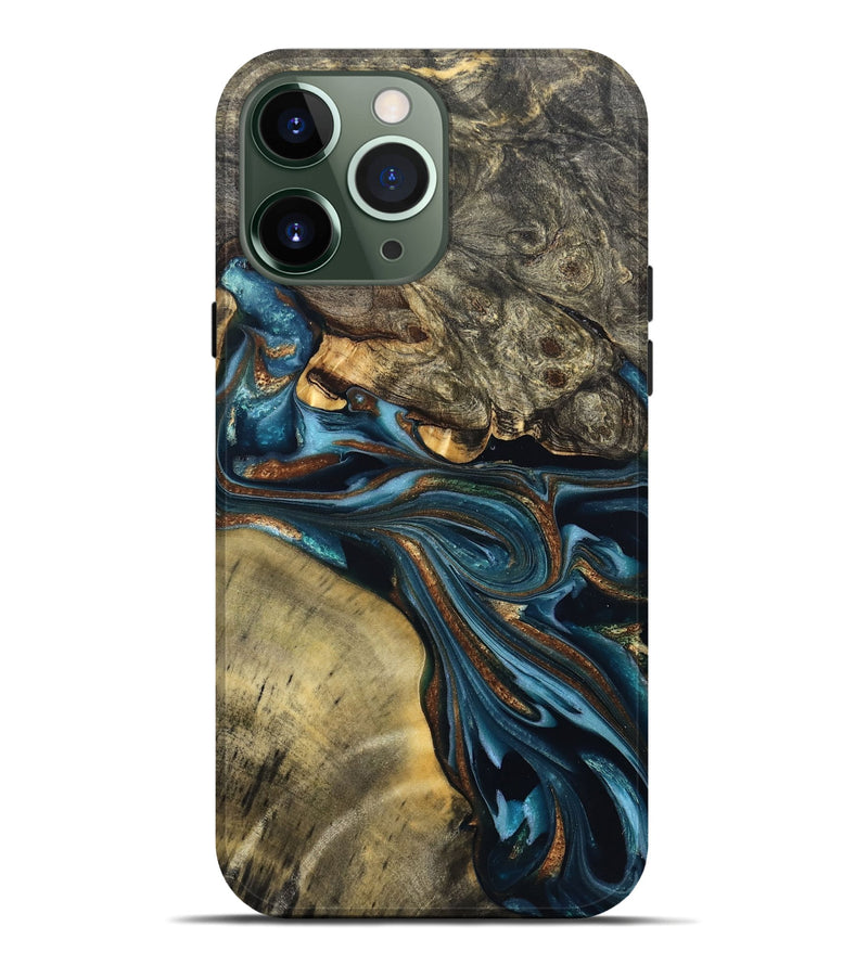 iPhone 13 Pro Max Wood Live Edge Phone Case - Julissa (Teal & Gold, 822880)