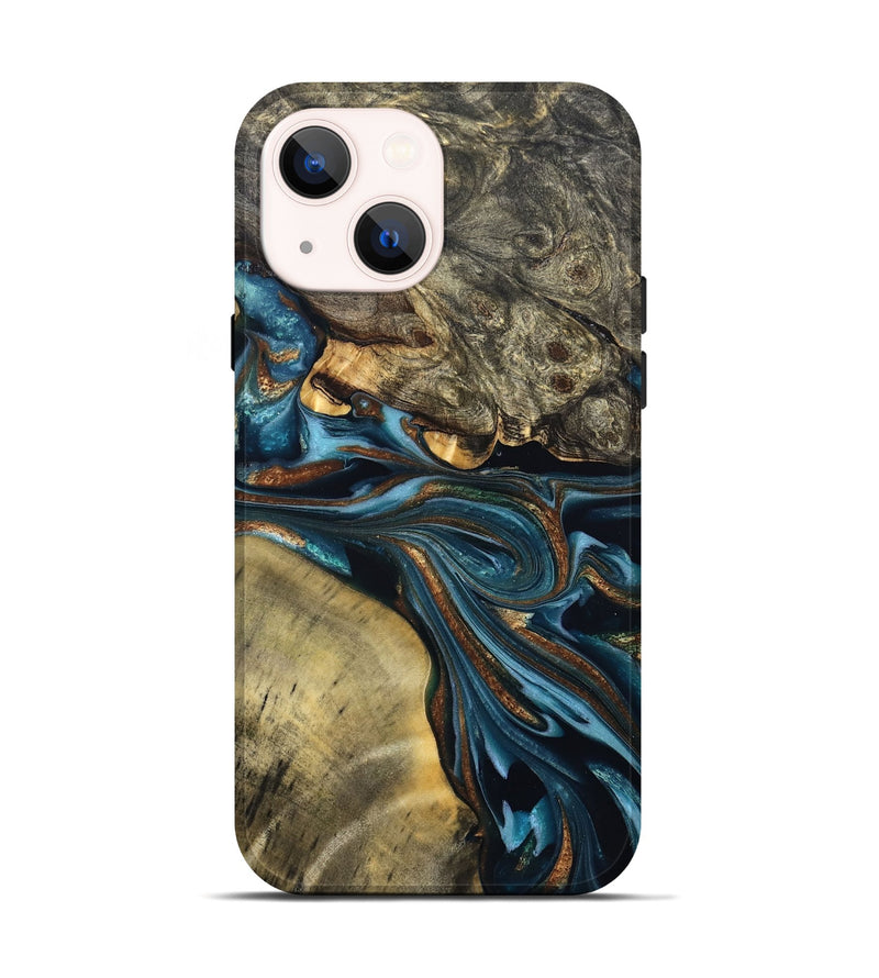 iPhone 14 Wood Live Edge Phone Case - Julissa (Teal & Gold, 822880)