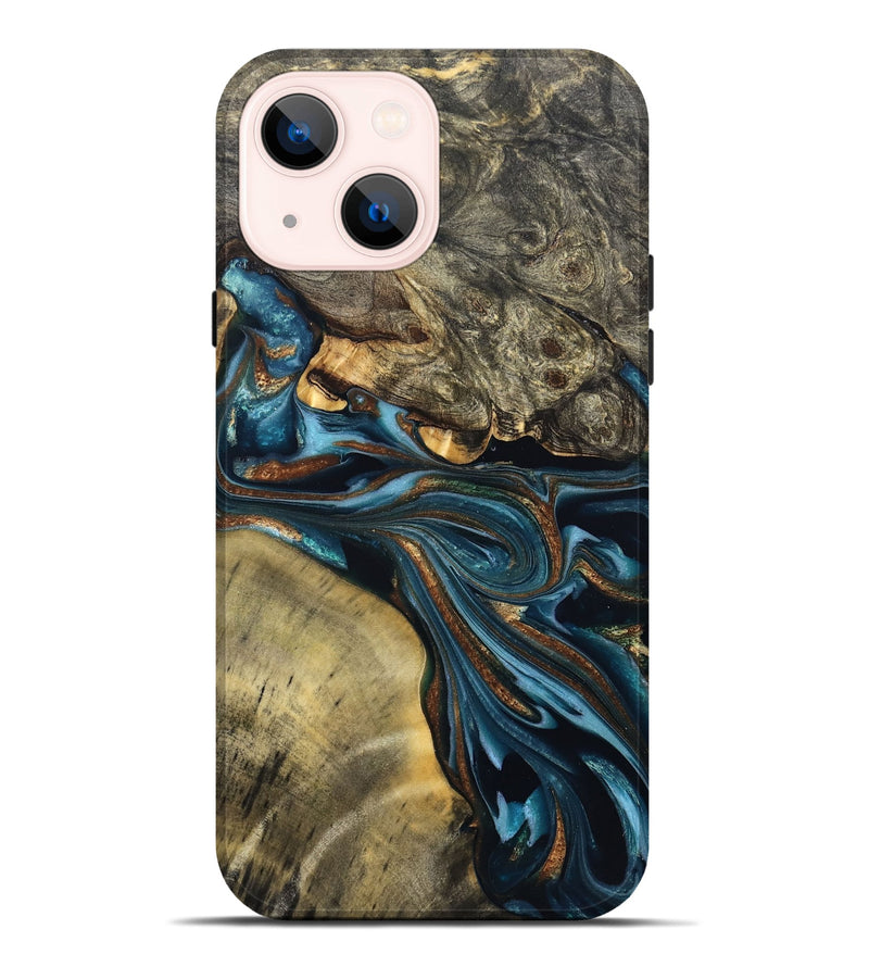 iPhone 14 Plus Wood Live Edge Phone Case - Julissa (Teal & Gold, 822880)