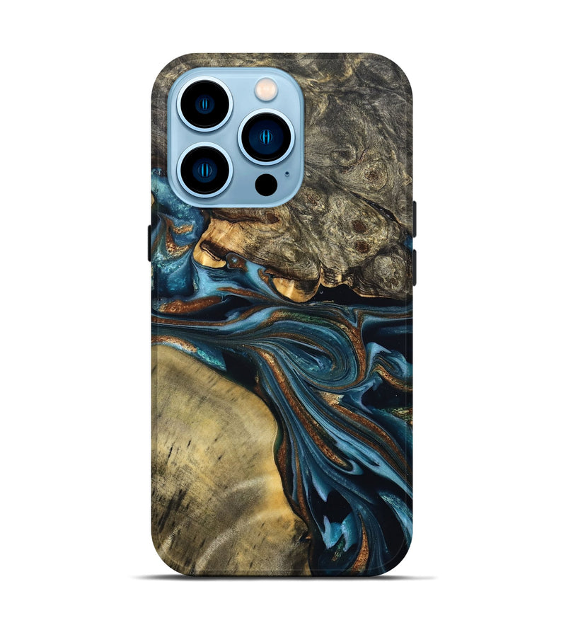 iPhone 14 Pro Wood Live Edge Phone Case - Julissa (Teal & Gold, 822880)