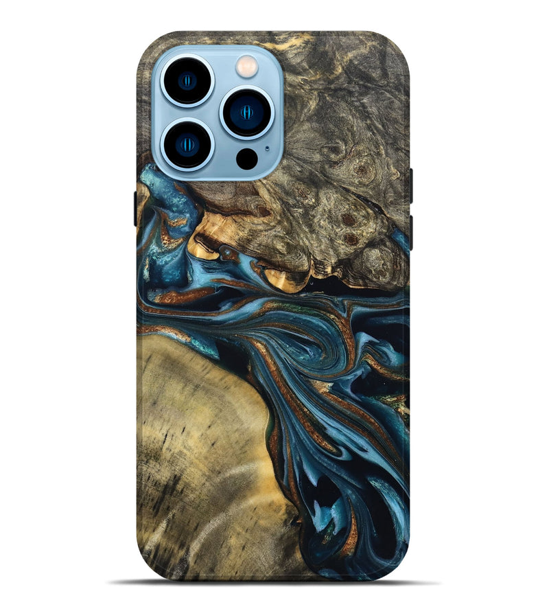 iPhone 14 Pro Max Wood Live Edge Phone Case - Julissa (Teal & Gold, 822880)