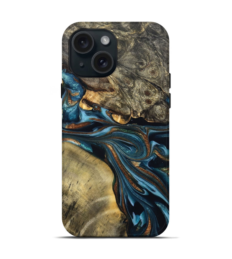 iPhone 15 Wood Live Edge Phone Case - Julissa (Teal & Gold, 822880)
