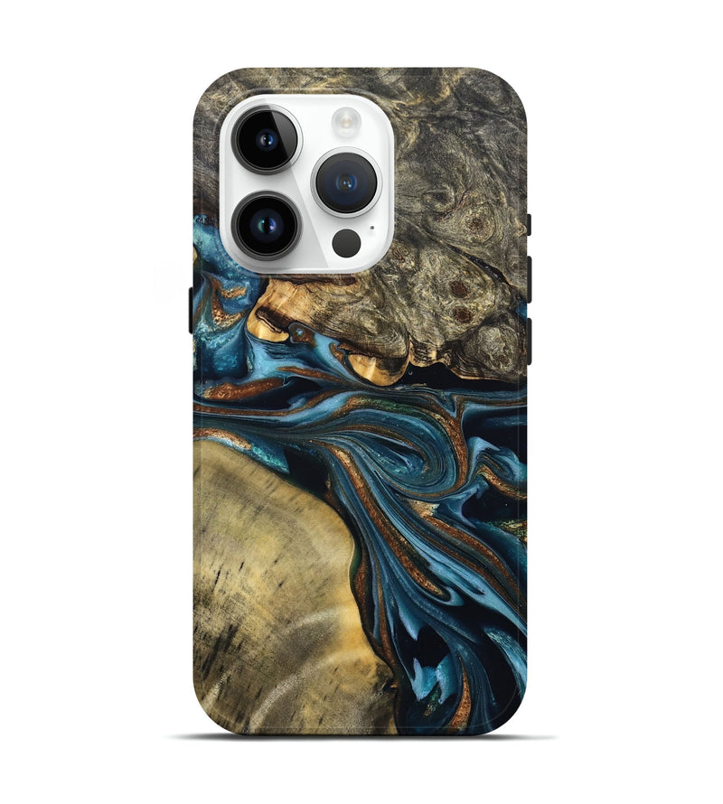 iPhone 15 Pro Wood Live Edge Phone Case - Julissa (Teal & Gold, 822880)