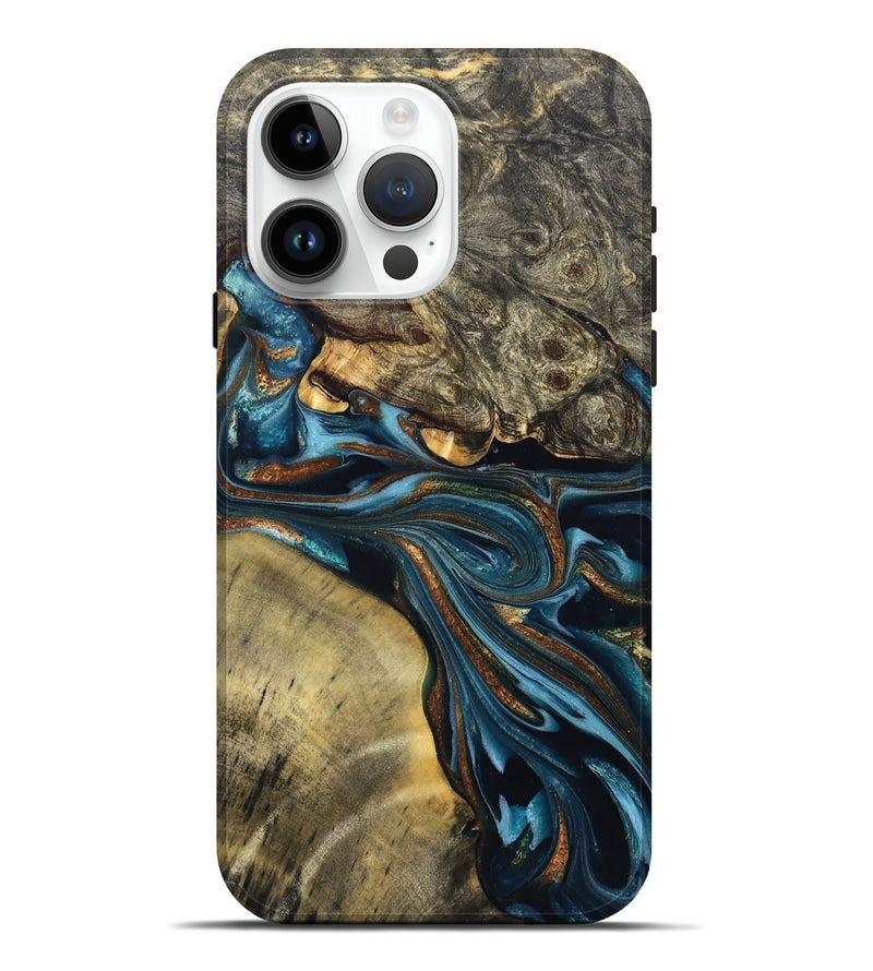 iPhone 15 Pro Max Wood Live Edge Phone Case - Julissa (Teal & Gold, 822880)