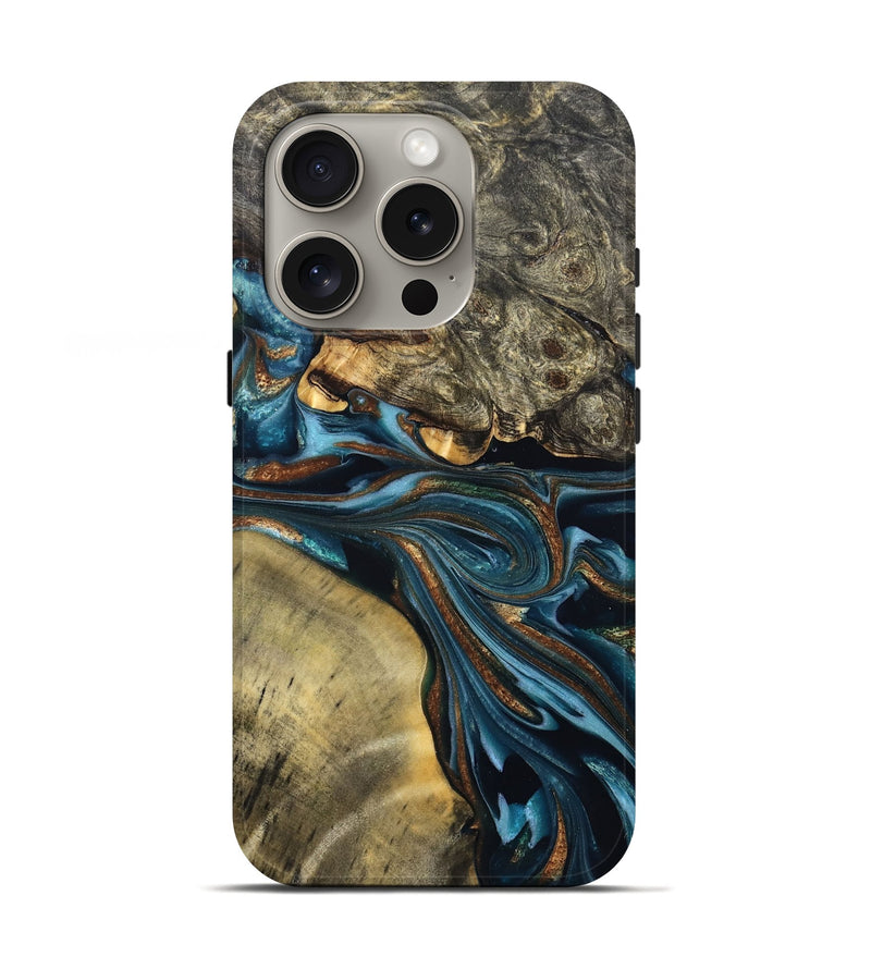 iPhone 16 Pro Wood Live Edge Phone Case - Julissa (Teal & Gold, 822880)