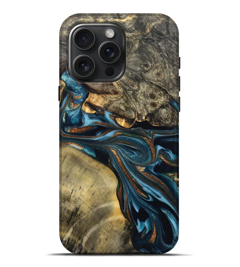 iPhone 16 Pro Max Wood Live Edge Phone Case - Julissa (Teal & Gold, 822880)