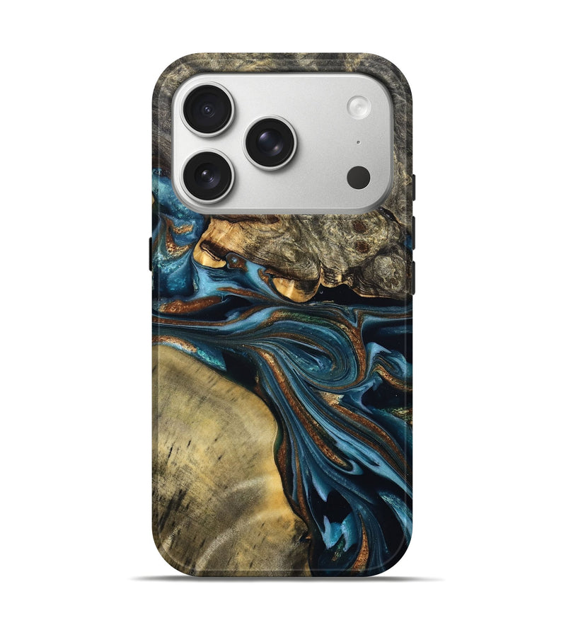 iPhone 17 Pro Wood Live Edge Phone Case - Julissa (Teal & Gold, 822880)