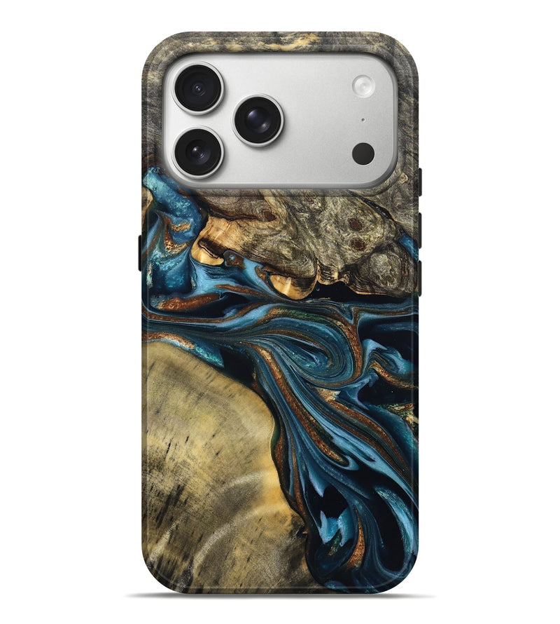 iPhone 17 Pro Max Wood Live Edge Phone Case - Julissa (Teal & Gold, 822880)