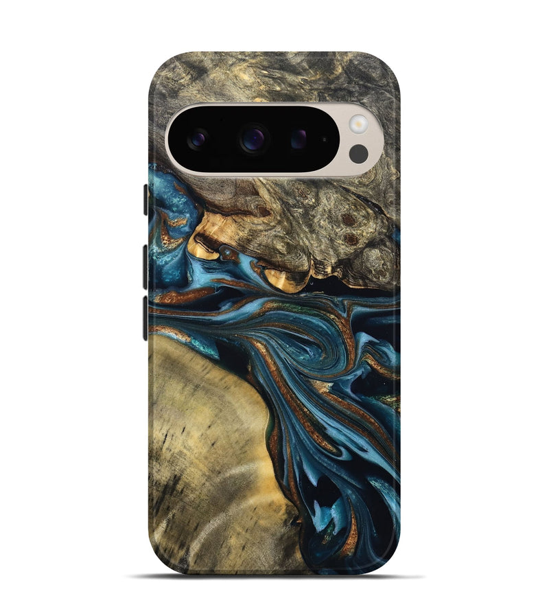 Pixel 9 Pro Wood Live Edge Phone Case - Julissa (Teal & Gold, 822880)