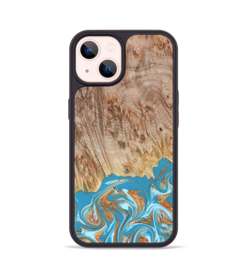 iPhone 14 Wood Phone Case - Brianna (Teal & Gold, 822888)