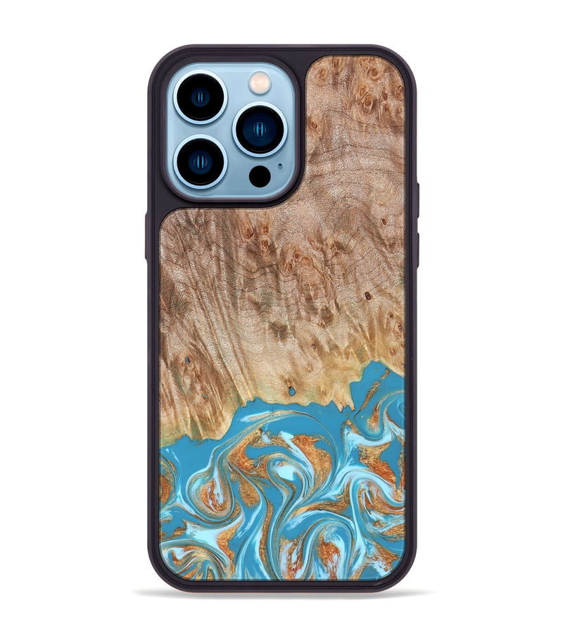 iPhone 14 Pro Max Wood Phone Case - Brianna (Teal & Gold, 822888)