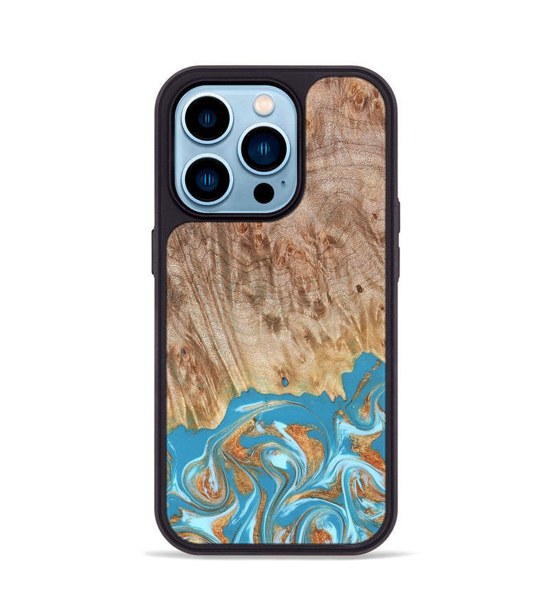 iPhone 14 Pro Wood Phone Case - Brianna (Teal & Gold, 822888)
