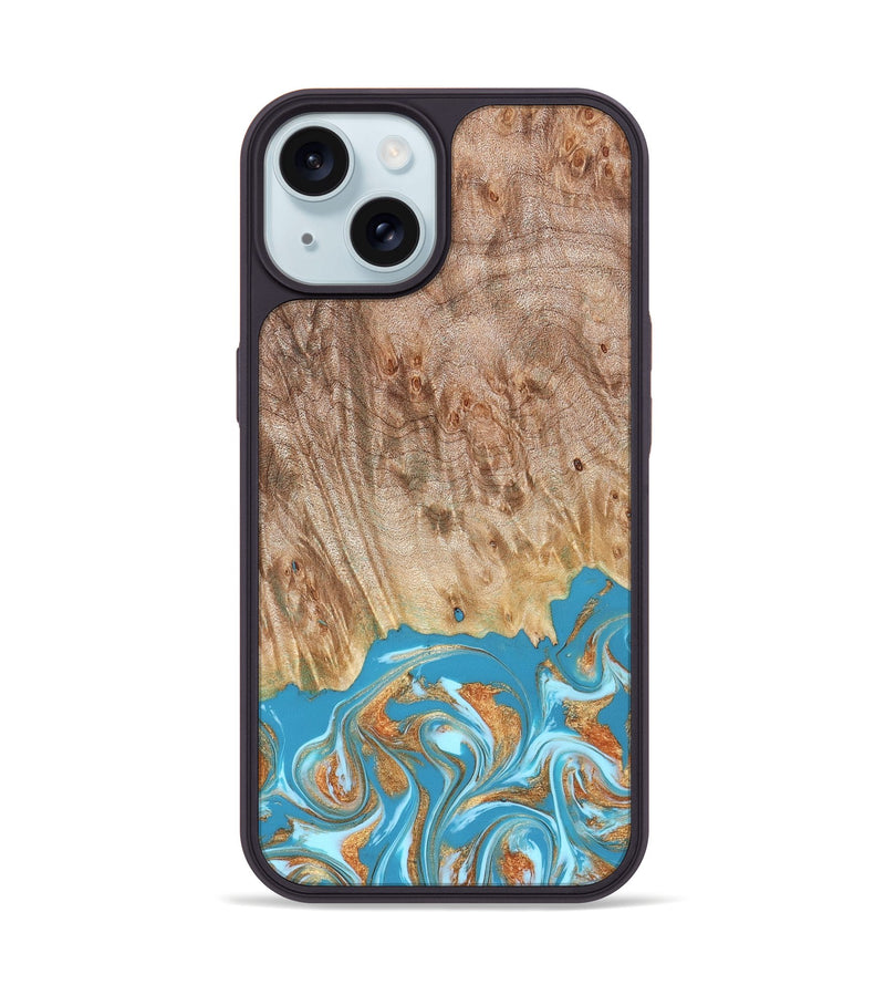 iPhone 15 Wood Phone Case - Brianna (Teal & Gold, 822888)