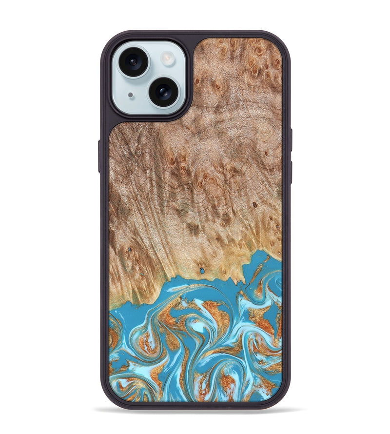 iPhone 15 Plus Wood Phone Case - Brianna (Teal & Gold, 822888)