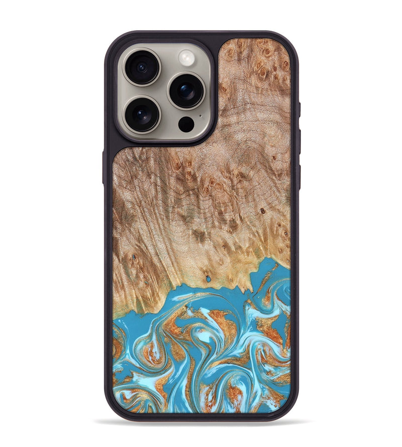 iPhone 15 Pro Max Wood Phone Case - Brianna (Teal & Gold, 822888)