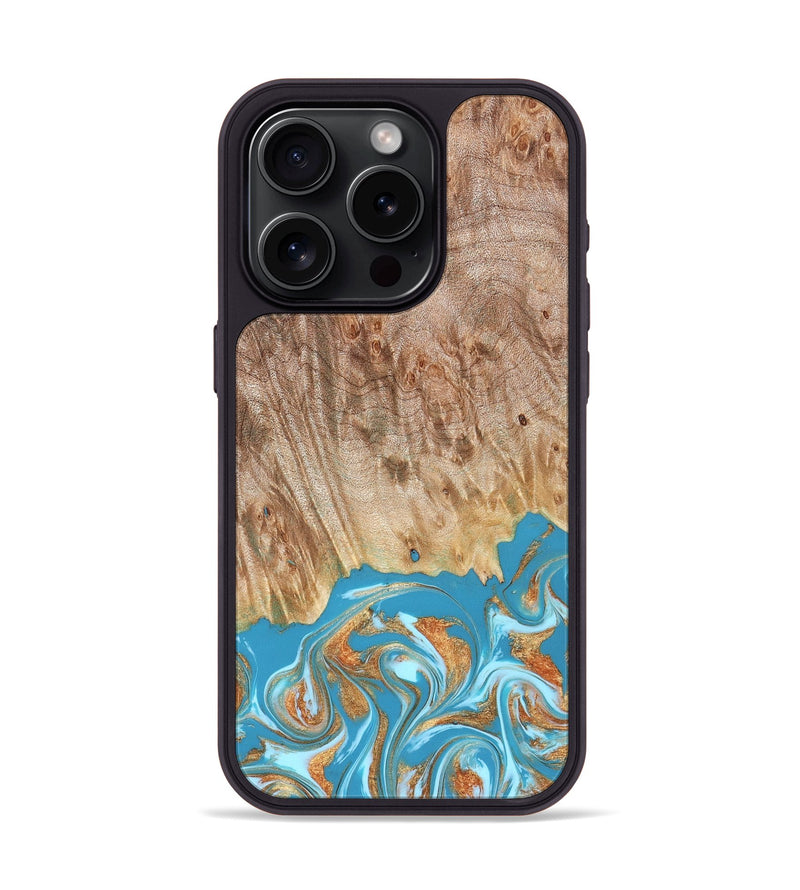 iPhone 15 Pro Wood Phone Case - Brianna (Teal & Gold, 822888)