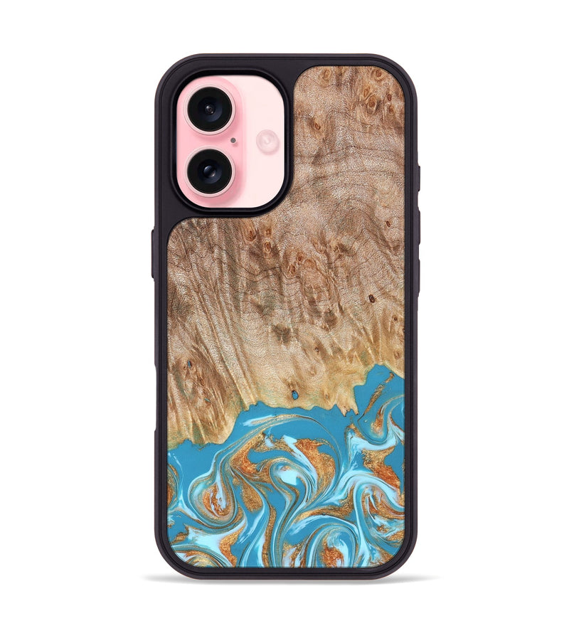 iPhone 16 Wood Phone Case - Brianna (Teal & Gold, 822888)