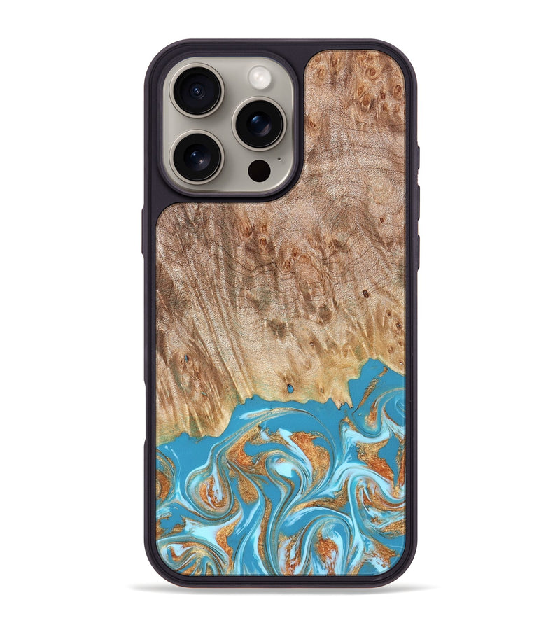 iPhone 16 Pro Max Wood Phone Case - Brianna (Teal & Gold, 822888)