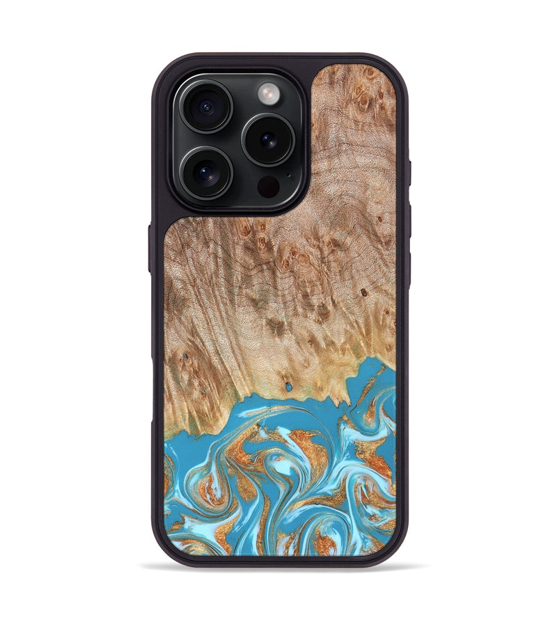 iPhone 16 Pro Wood Phone Case - Brianna (Teal & Gold, 822888)