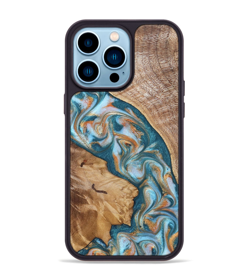 iPhone 14 Pro Max Wood Phone Case - Bertie (Teal & Gold, 822890)