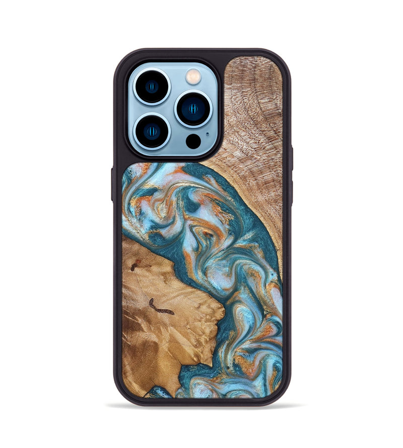 iPhone 14 Pro Wood Phone Case - Bertie (Teal & Gold, 822890)