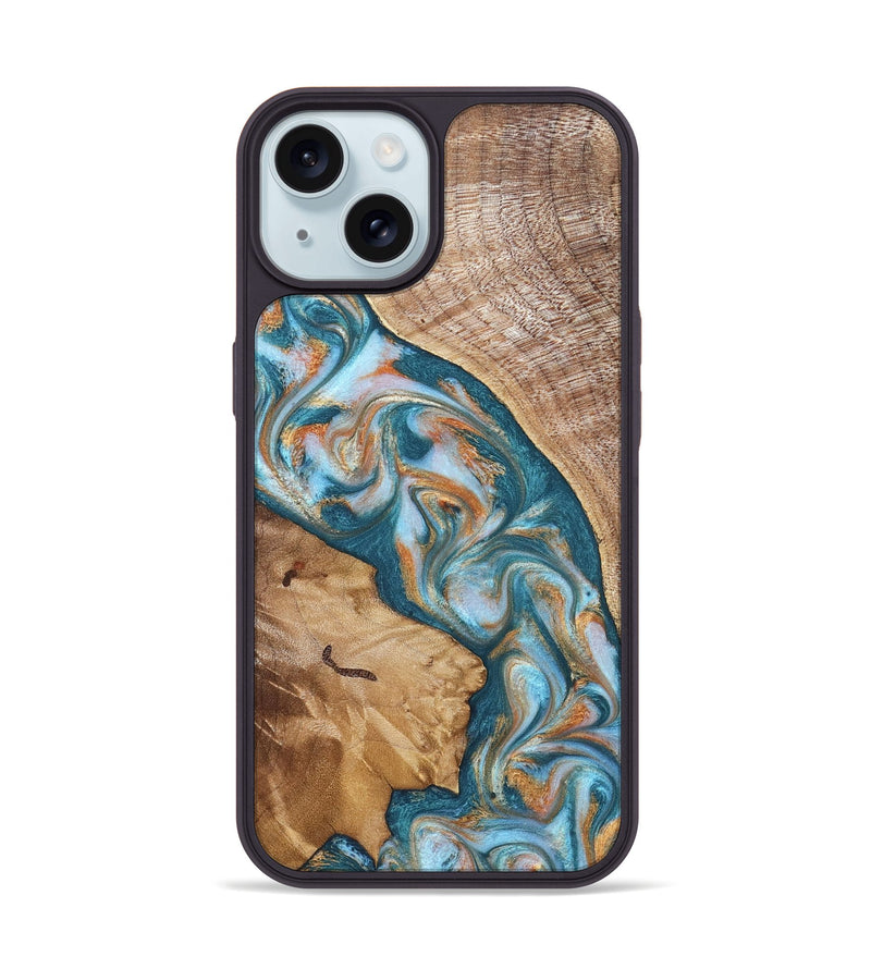 iPhone 15 Wood Phone Case - Bertie (Teal & Gold, 822890)