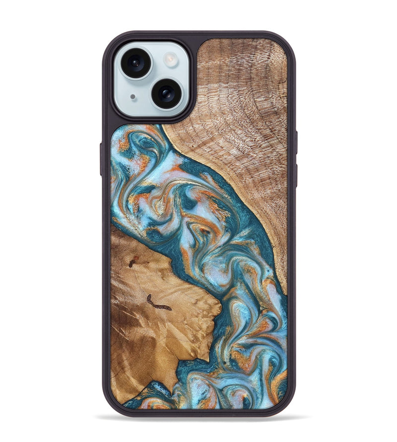 iPhone 15 Plus Wood Phone Case - Bertie (Teal & Gold, 822890)