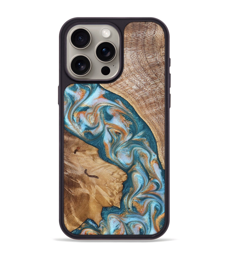 iPhone 15 Pro Max Wood Phone Case - Bertie (Teal & Gold, 822890)