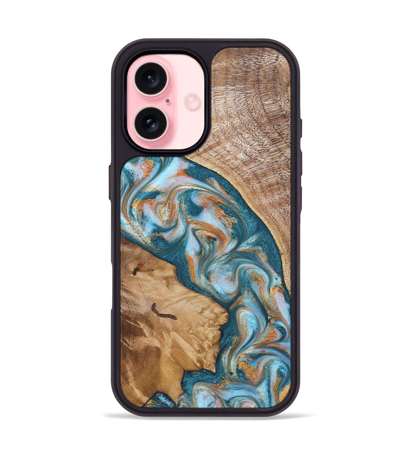 iPhone 16 Wood Phone Case - Bertie (Teal & Gold, 822890)