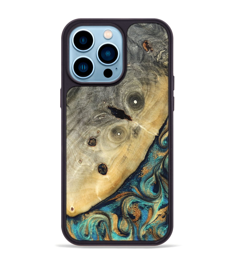 iPhone 14 Pro Max Wood Phone Case - Jace (Teal & Gold, 823169)