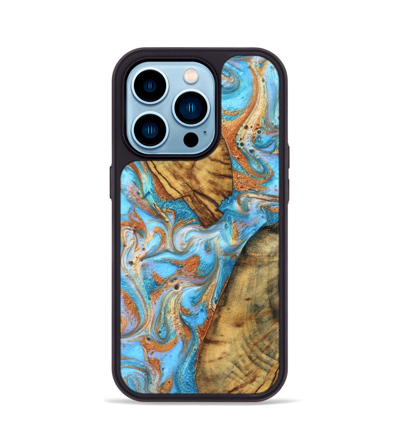 iPhone 14 Pro Wood Phone Case - Casimir (Teal & Gold, 823170)