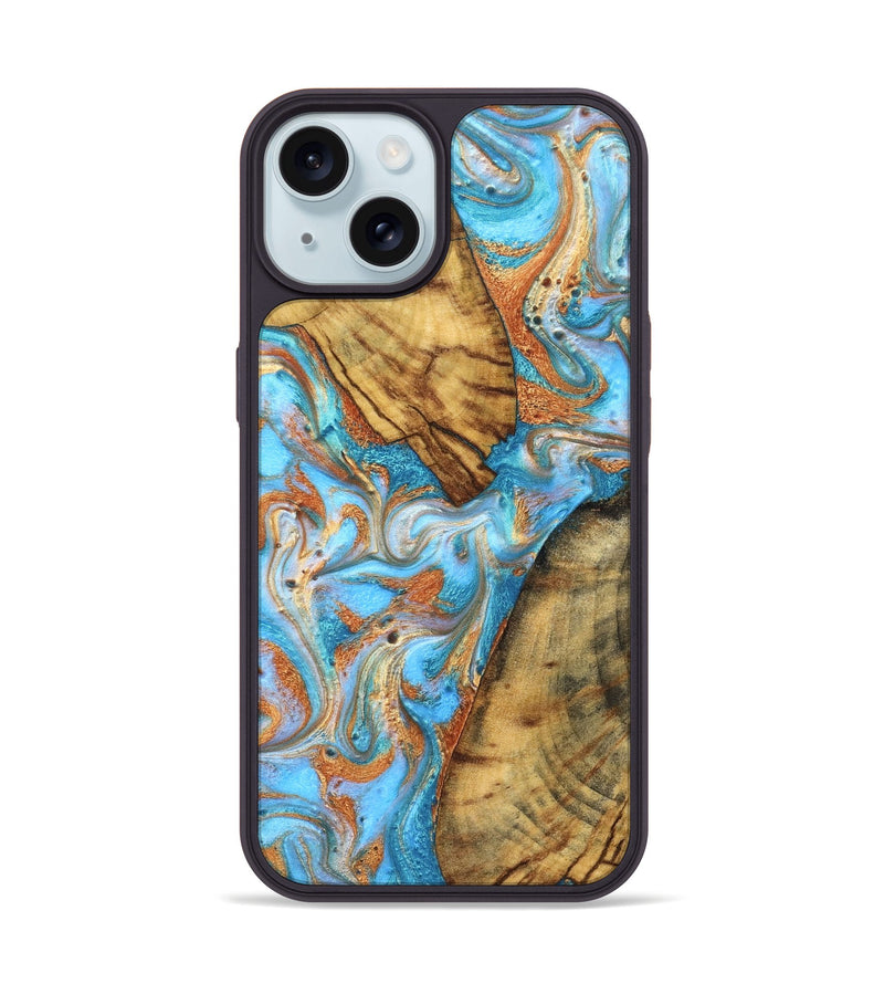 iPhone 15 Wood Phone Case - Casimir (Teal & Gold, 823170)