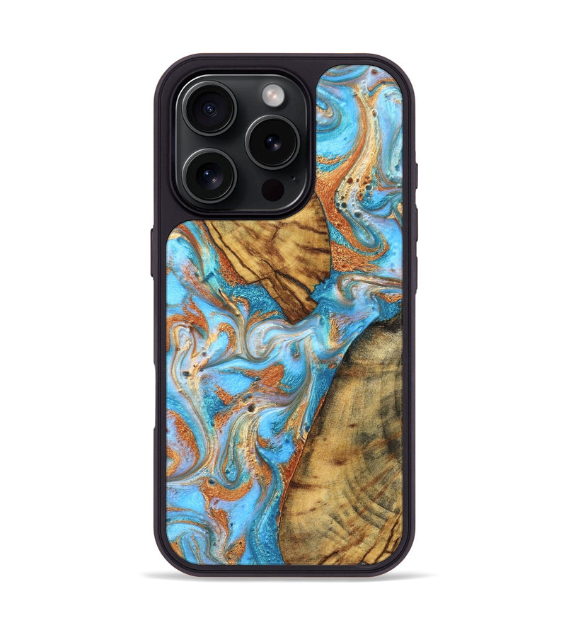 iPhone 16 Pro Wood Phone Case - Casimir (Teal & Gold, 823170)