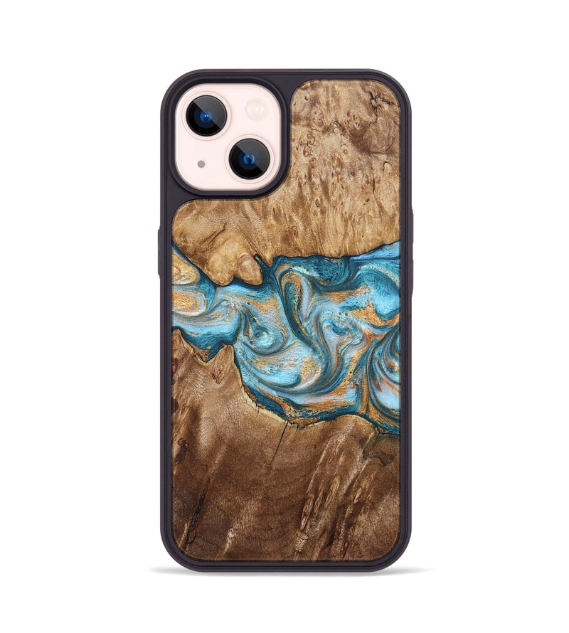 iPhone 14 Wood Phone Case - Sam (Teal & Gold, 823173)