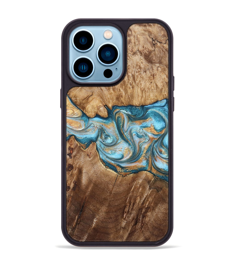 iPhone 14 Pro Max Wood Phone Case - Sam (Teal & Gold, 823173)