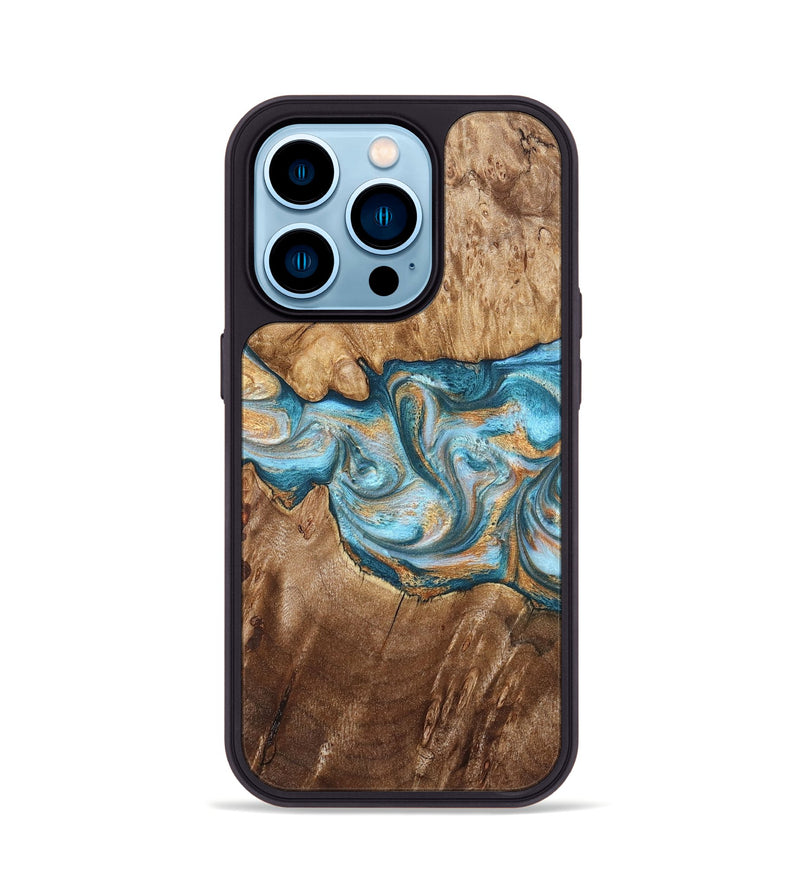 iPhone 14 Pro Wood Phone Case - Sam (Teal & Gold, 823173)