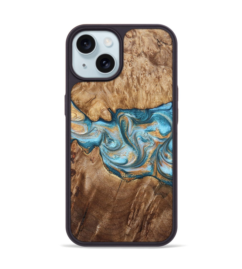 iPhone 15 Wood Phone Case - Sam (Teal & Gold, 823173)