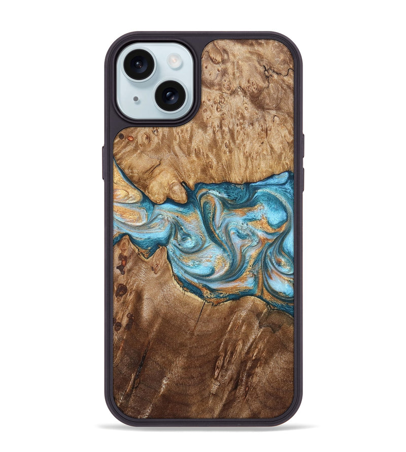 iPhone 15 Plus Wood Phone Case - Sam (Teal & Gold, 823173)