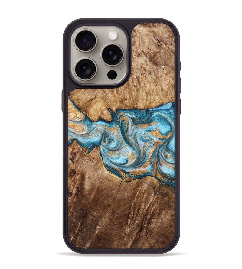 iPhone 15 Pro Max Wood Phone Case - Sam (Teal & Gold, 823173)
