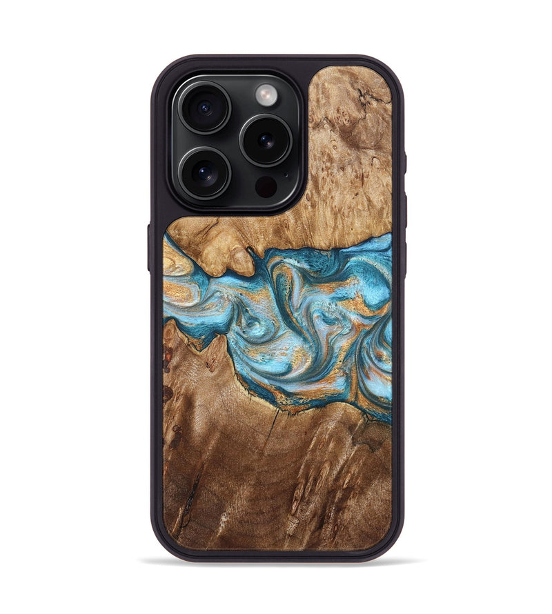 iPhone 15 Pro Wood Phone Case - Sam (Teal & Gold, 823173)