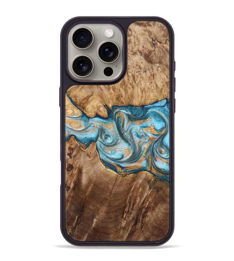 iPhone 16 Pro Max Wood Phone Case - Sam (Teal & Gold, 823173)