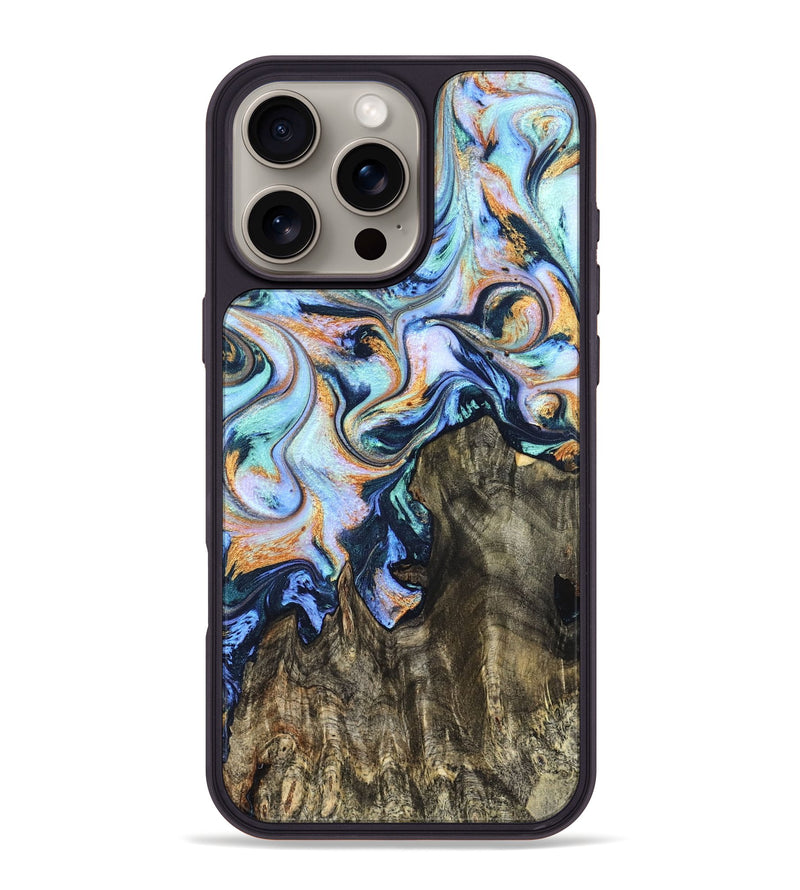 iPhone 16 Pro Max Wood Phone Case - Petra (Teal & Gold, 823221)