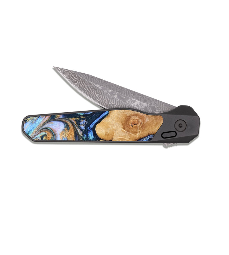 EDC Dark Damascus Wood Pocket Knife - Iliana (Teal & Gold, 823383)